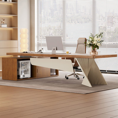 Table à thé en L 94,49 po en bois massif brun simple pour le bureau