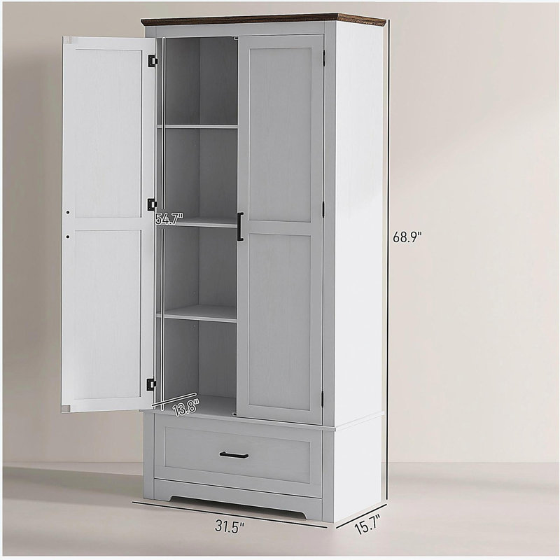 Armoire de rangement HOMcom de 69 po de hauteur, avec 2 portes, un tiroir et des tablettes réglables, armoire de rangement autoportante de style maison de campagne, blanc