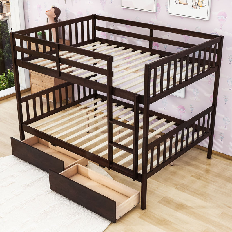 2 Drawers Wooden Bunk Bed with Ladder, Espresso, Full Over Full