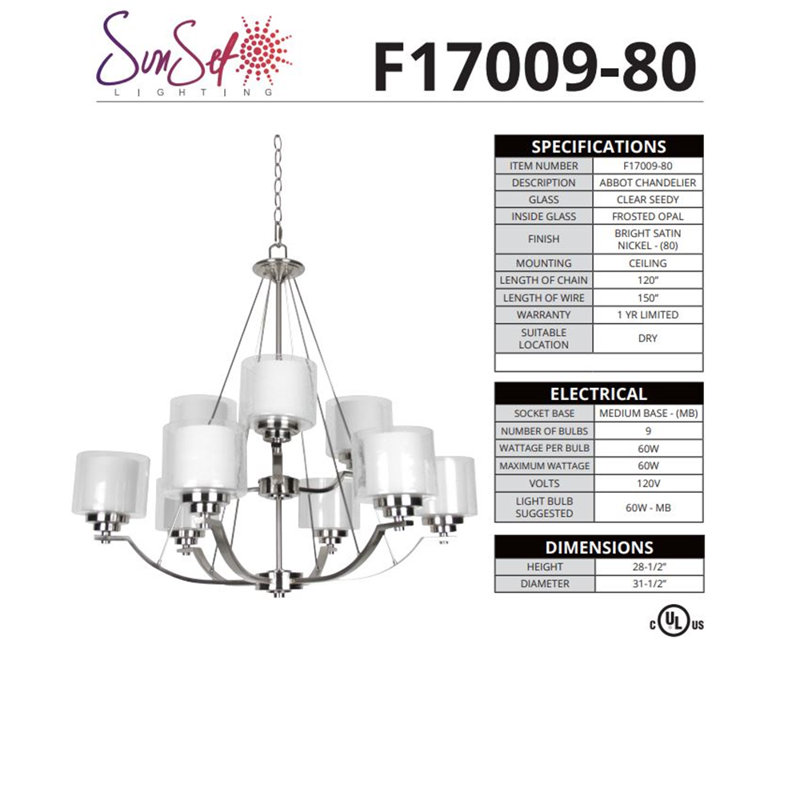 Lustre classique 9 lumières à abat-jour Sophina, Nickel brillant satiné