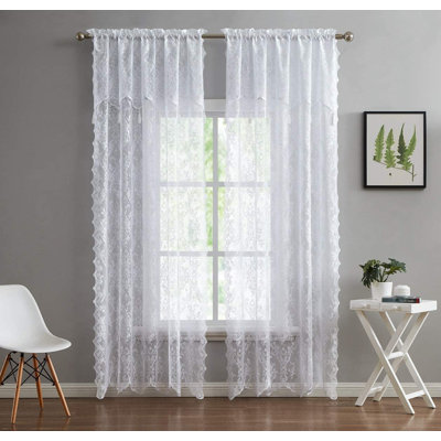 Rosdorf Park Pair Of 2 Sheer Lace Curtain Panels with Attached Matching Valance With 6 Tassels.