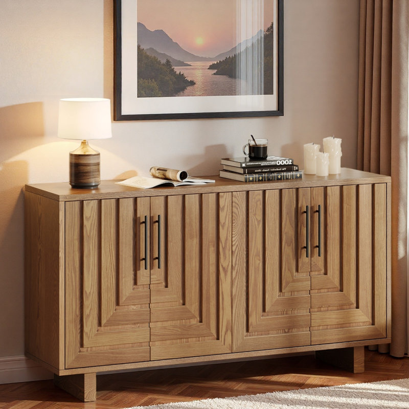 Modern Sideboard With Metal Handles And Geometric Line, Natural
