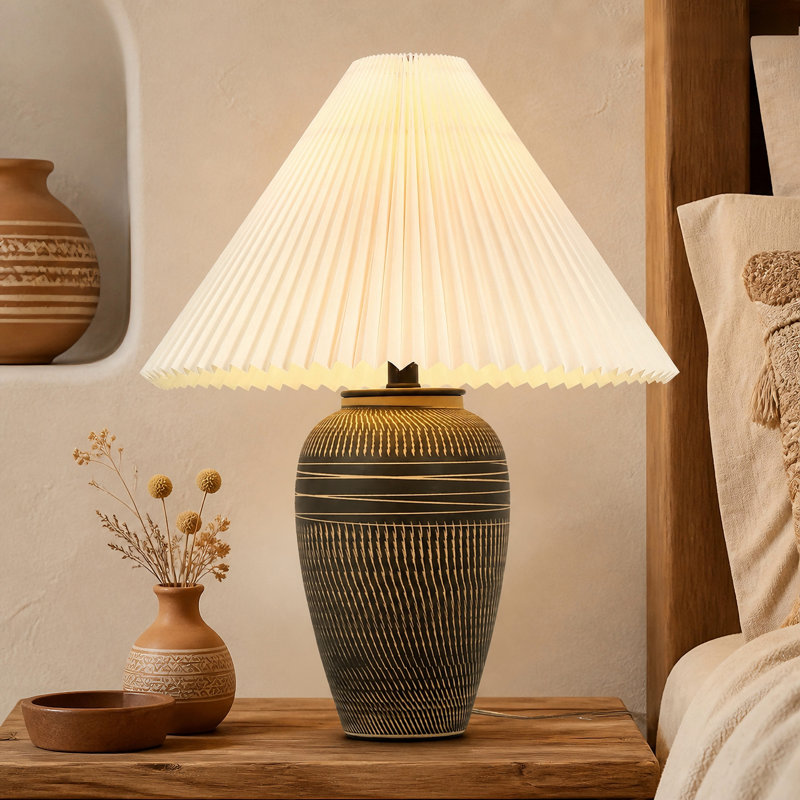 Lampe de table ronde rustique à 1 lumière avec interrupteur à 3 positions et abat-jour plissé en lin, couleur café brun, pour chambre à coucher