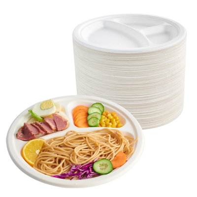 150-pack of compostable heavy-duty paper plates with 3 compartments