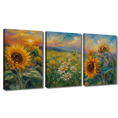 Tableau en trois panneaux représentant un champ de tournesols et de marguerites, impression à l'huile sur toile tendue