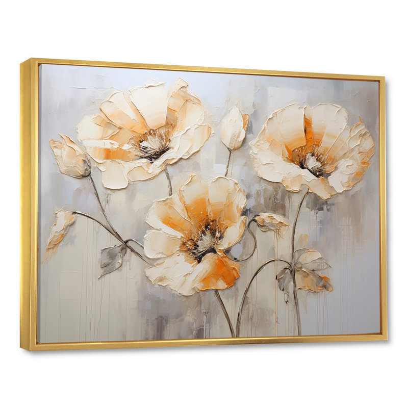 «Beige Poppy Meadow Melody VI» sur toile, Cadre flottant doré, H 16 po x l 32 po