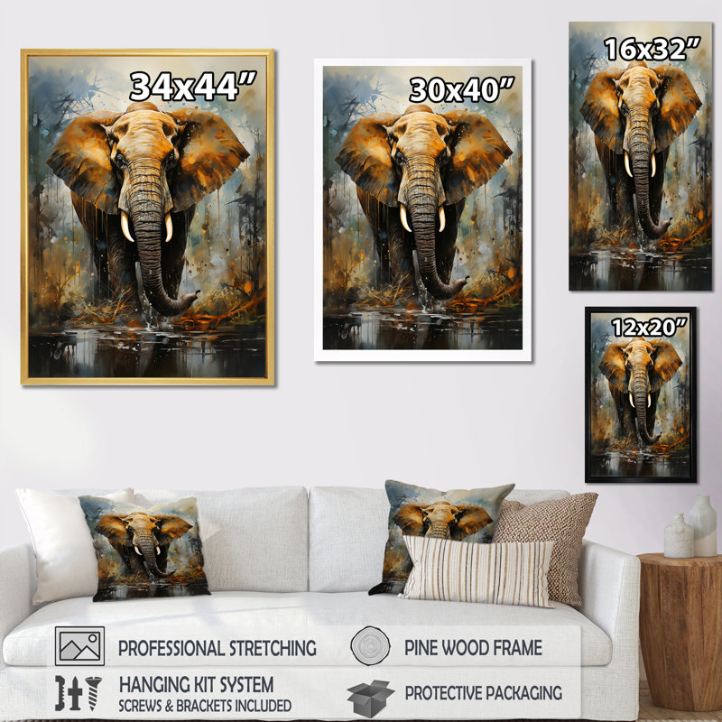 Éléphant élégant en mouvement III sur toile, Toile tendue, H 32 po x l 24 po x P 1 po