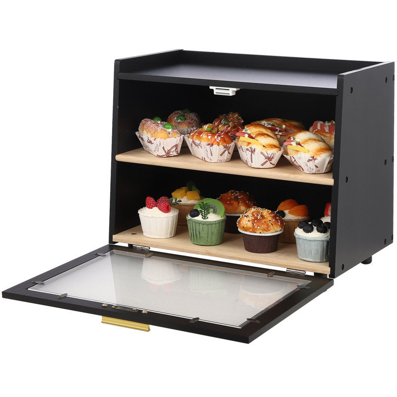 Double Layer Bread Box For Kitchen Counter, Large Capacity Bread Storage Container Bread Box, Black
