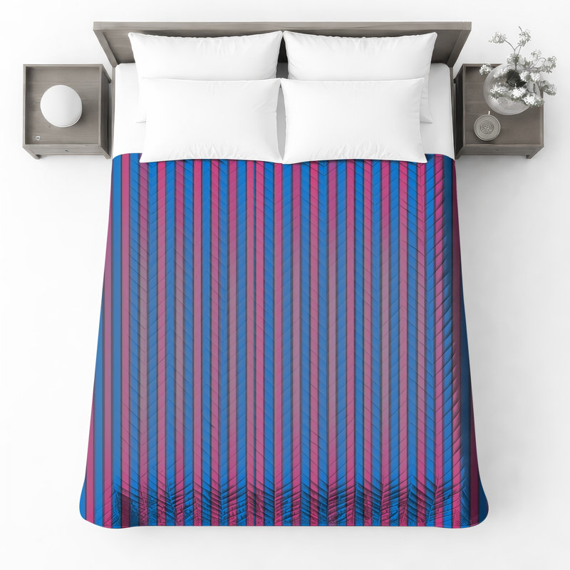 Blue Pink Vertical Stripes Quilted Thin Bedspread, Twin