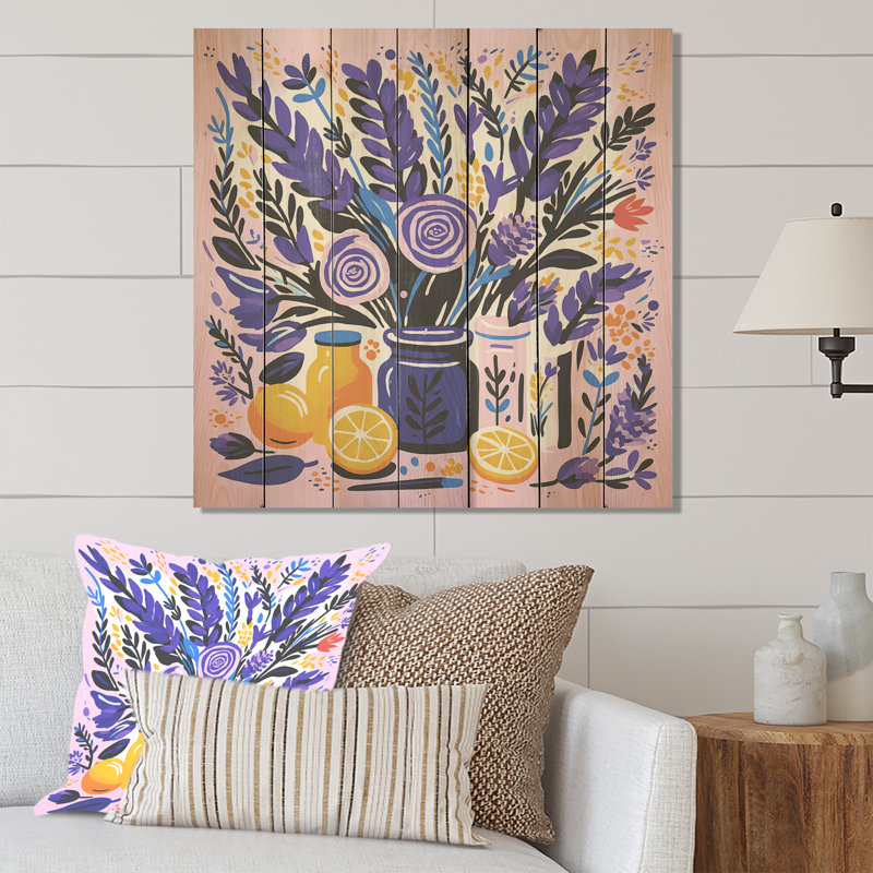 Purple Boho Pottery Blooms III - Boho Pottery On Wood Print, 15" H x 15" W