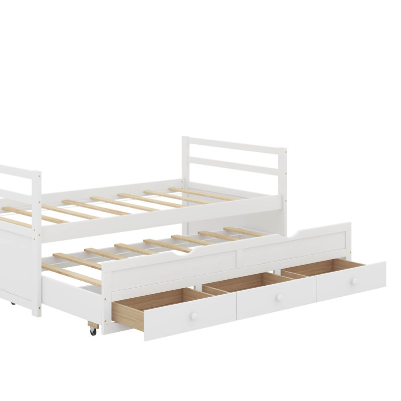 Twin Size Bed Guest Bed With Trundle And 3 Storage Drawers, Platform Bed With Headboard & Footboard, White