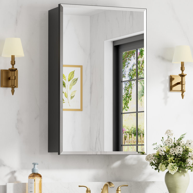  Armoire à pharmacie avec miroir en aluminium, l 16 po x H 24 po, armoire de meuble-lavabo encastrée ou à fixation en surface avec tablette en verre trempé réglable, grand espace de rangement (noir)