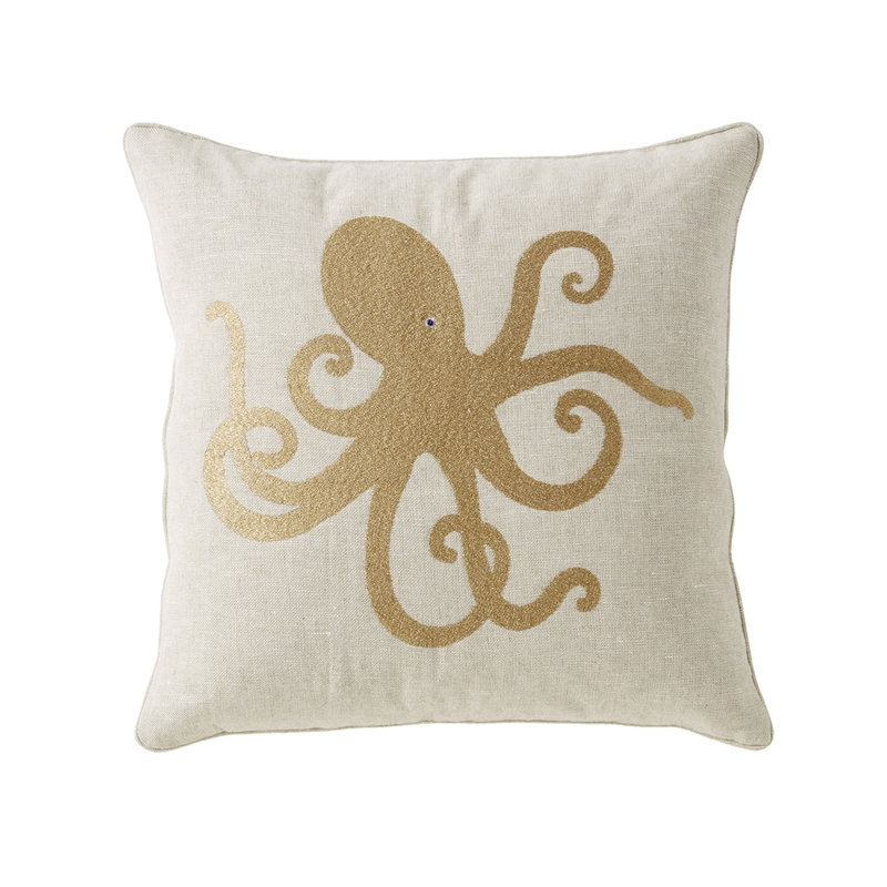 Embroidered Feather Linen Throw Pillow, Sand