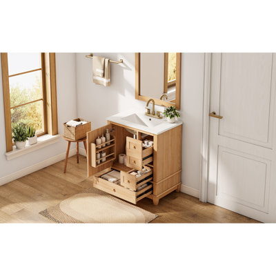 Meuble-lavabo de 30 po avec lavabo en céramique, armoire autoportante, grain de bois naturel, portes et tiroirs à fermeture en douceur, grand espace de rangement, meubles-lavabos