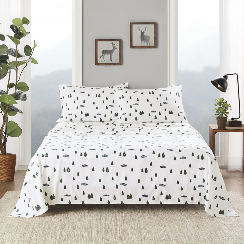 Ensemble de draps 4 pièces très grand format, multicolore, 100% flanelle de coton, l 108 po x L 102 po, l 72 po x L 84 po + P 14 po, 2 taies d'oreiller l 20 po x L 40 po, motif arbres et camions, simple / double Matelas double 12 po, grand / très grand