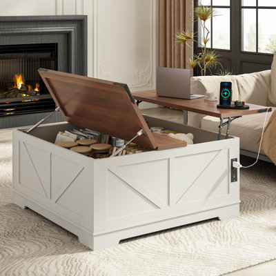 40” Large Farmhouse Lift Top Coffee Table with Power Outlets and Large Hidden Storage, Square Wood Living Room Table W/Large Hidden Space, Multi-Function Lift Wooden Barn Door Center Table, Black/ Gray Top