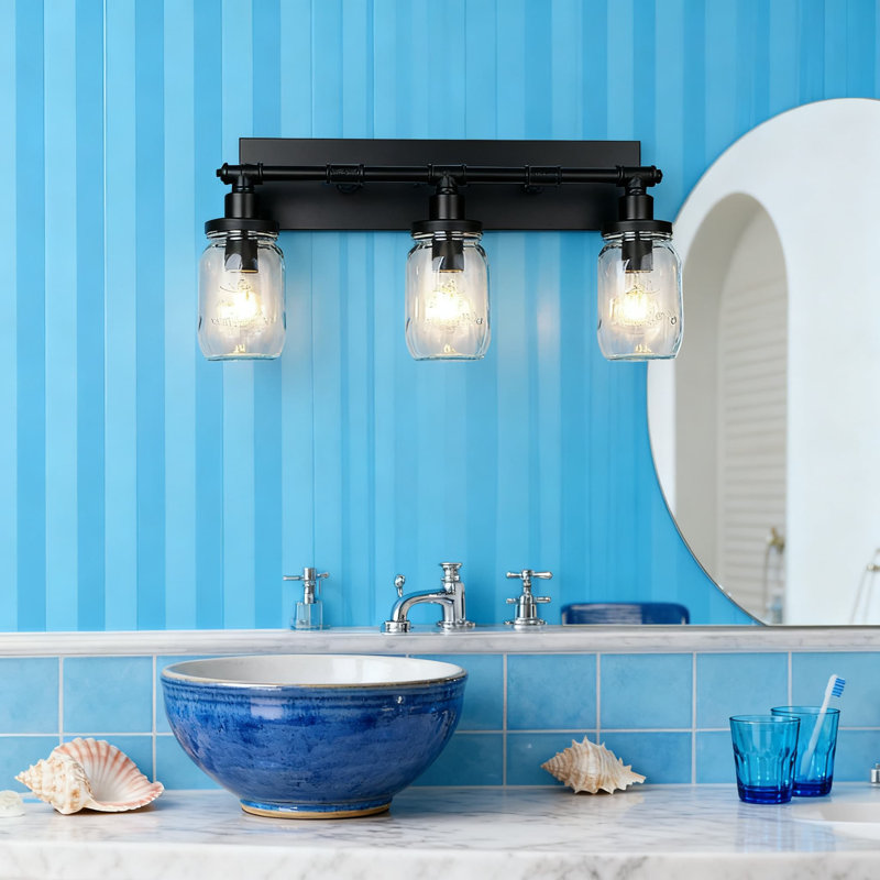 Éclairage pour meuble-lavabo de salle de bain 3 lumières avec abat-jour en verre transparent, applique murale de style campagnard industriel pour miroir de salle de bain, chambre à coucher et couloir, finition noire mate 23 po