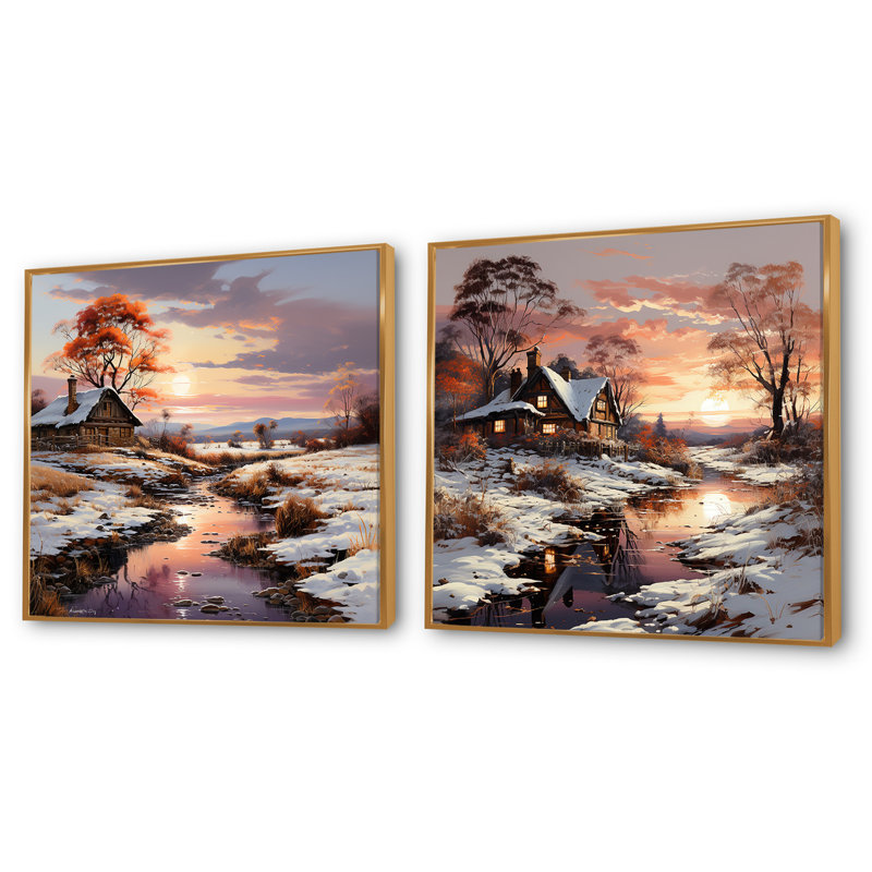 «Sunrise Winter Country Panorama», 2 pièces, Cadre flottant doré, H 16 po x l 33 po
