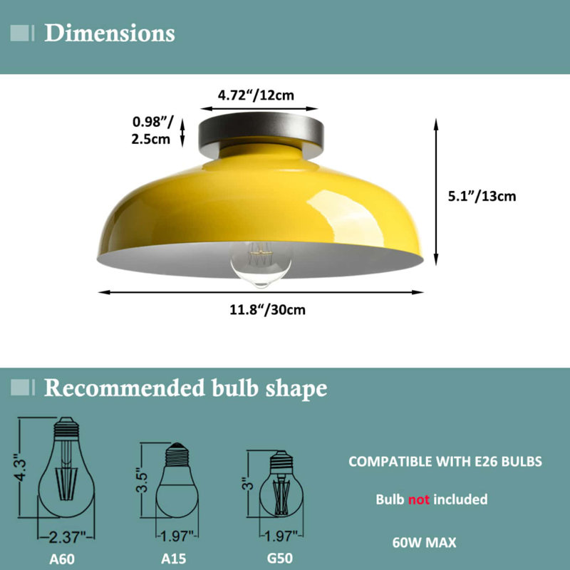 Industrial Ceiling Light with 12-Inch Metal Shade, Yellow