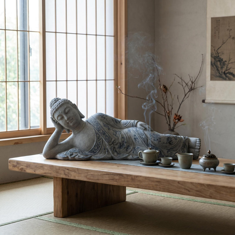 Statue de Bouddha en résine pour jardin, décoration intérieure et extérieure, L 28,54 po x P 9,45 po x H 9,84 po, Bleu / Gris