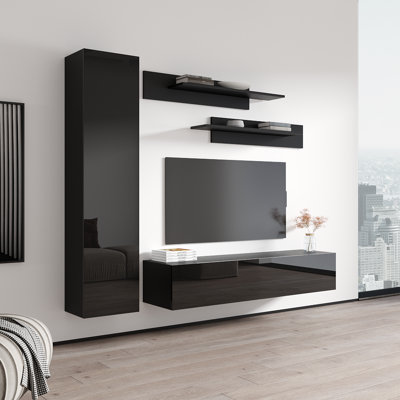 Violette 85" Modern Floating Wall Mounted Entertainment Center with 16-Color LED Lighting, High Gloss Finish