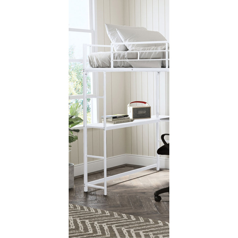 Lit mezzanine double contemporain avec structure en métal blanc et deux échelles attachées, bureau pour échelles de rangement, bureau intégré, installation facile