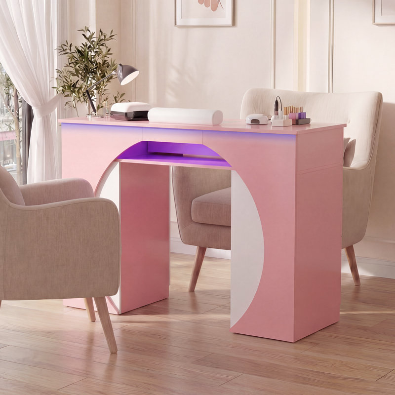 Bureau de manucure bicolore avec grand rangement, lumières DEL intégrées, collecteur de poussière et repose-poignet ergonomique, table multifonctionnelle pour le salon.