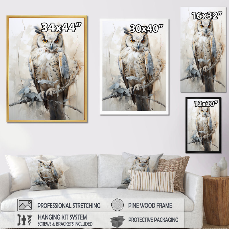 «Wise And Watchful Majestic Owl I», art mural hibou, Brown Floater Framed, 44" H x 34" W