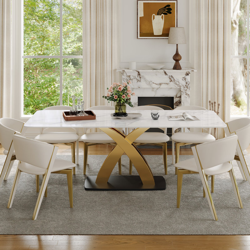 79" Modern Rectangular Sintered Stone Dining Table with Stainless Steel X-Base, White Marble Vein Finish, Rounded Corners