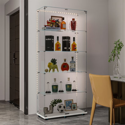 74.6"H Freestanding Glass Display Cases with Lockable Wheels, Lock and Adjustable LED Strips