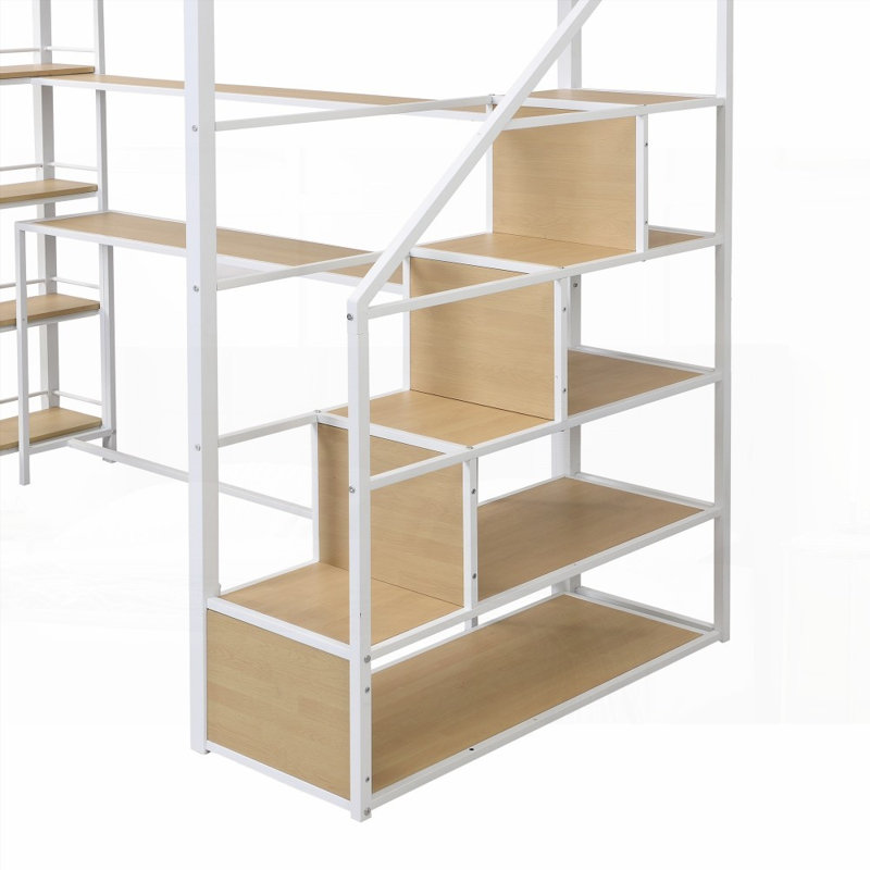 Lit mezzanine simple en métal avec escalier et amp; Bureau intégré Tablettes de rangement (aucun sommier requis, solide et stable)