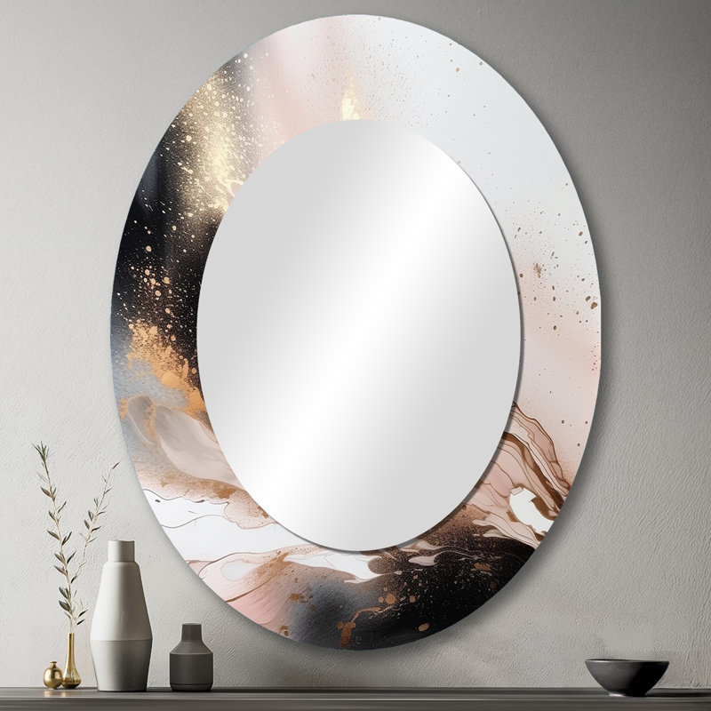 Black Gold Marble Texture - Abstract Oval Decorative Mirror On Metal, 43" x 33"