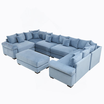 Oversized Cloud Modular Sectional Couch, Convertible With Chaise, Soft Corduroy, Ergonomic Design, Easy Assembly, Blue