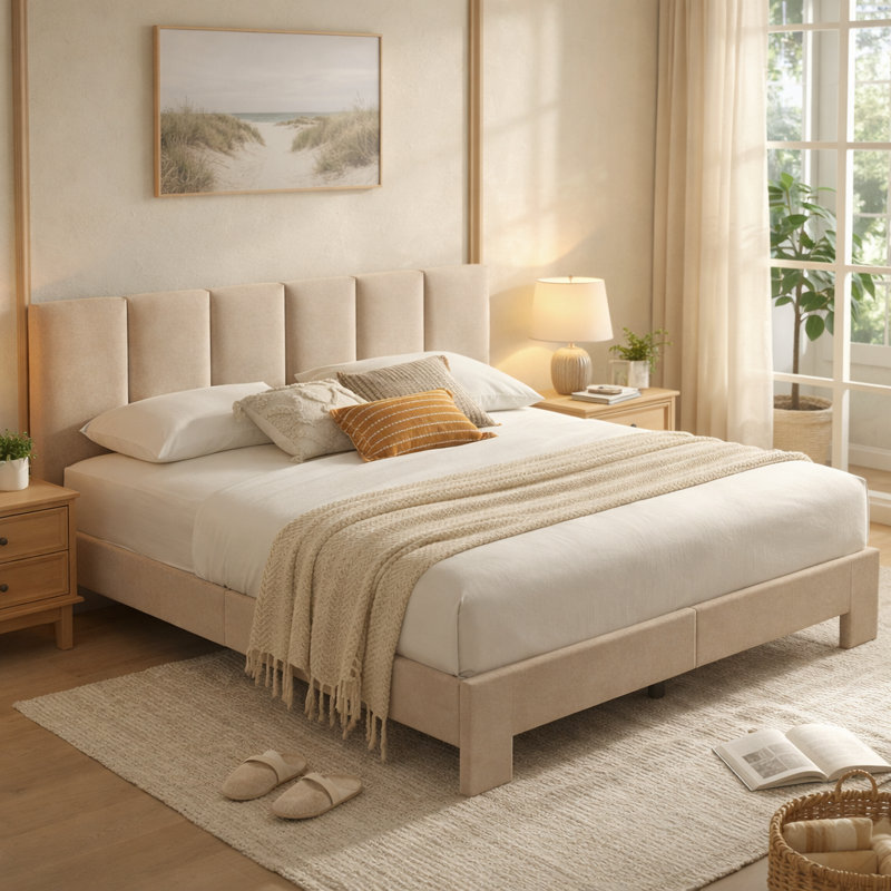 Coletti 44“ Tall Headboard Linen Upholstered Platform Bed, Beige, King