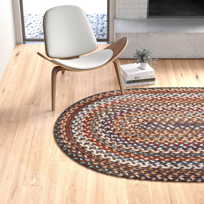 Tapis beige / vert / bleu en laine tressé à la main Ato, Ovale 8 pi x 11 pi