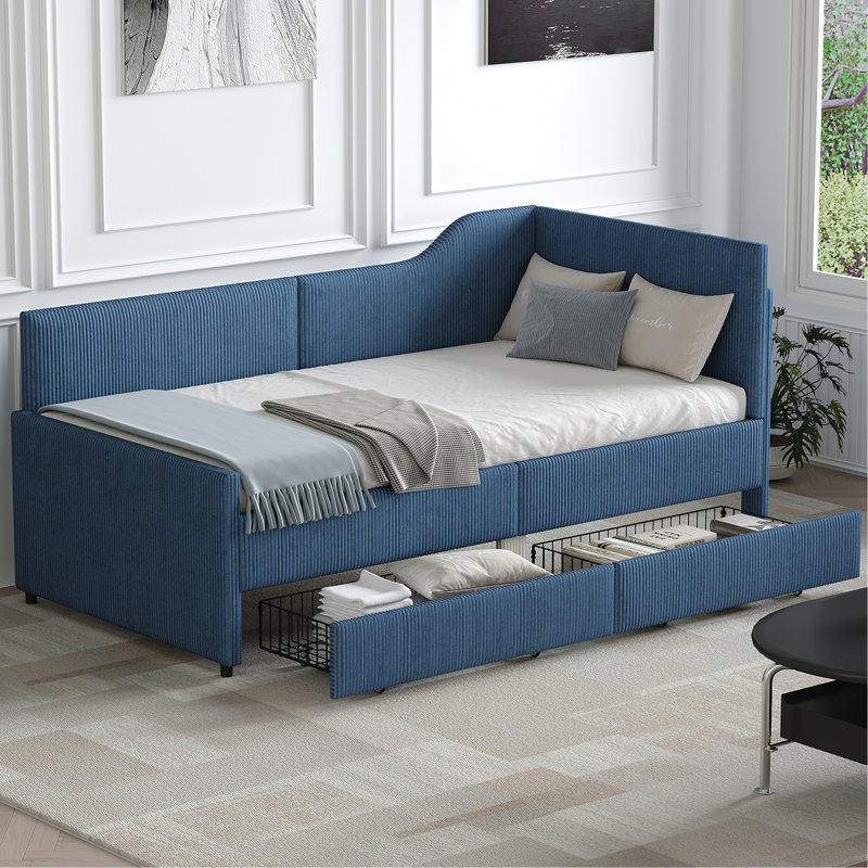Twin Size L-Shaped Corduroy Daybed,Upholstered Bed Frame With  2 Storage Drawers,Blue, Blue