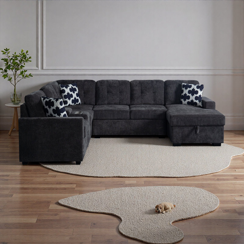 Canapé modulaire multifonctionnel en forme de L avec porte-gobelets intégrés, compartiments de rangement cachés et sièges convertibles