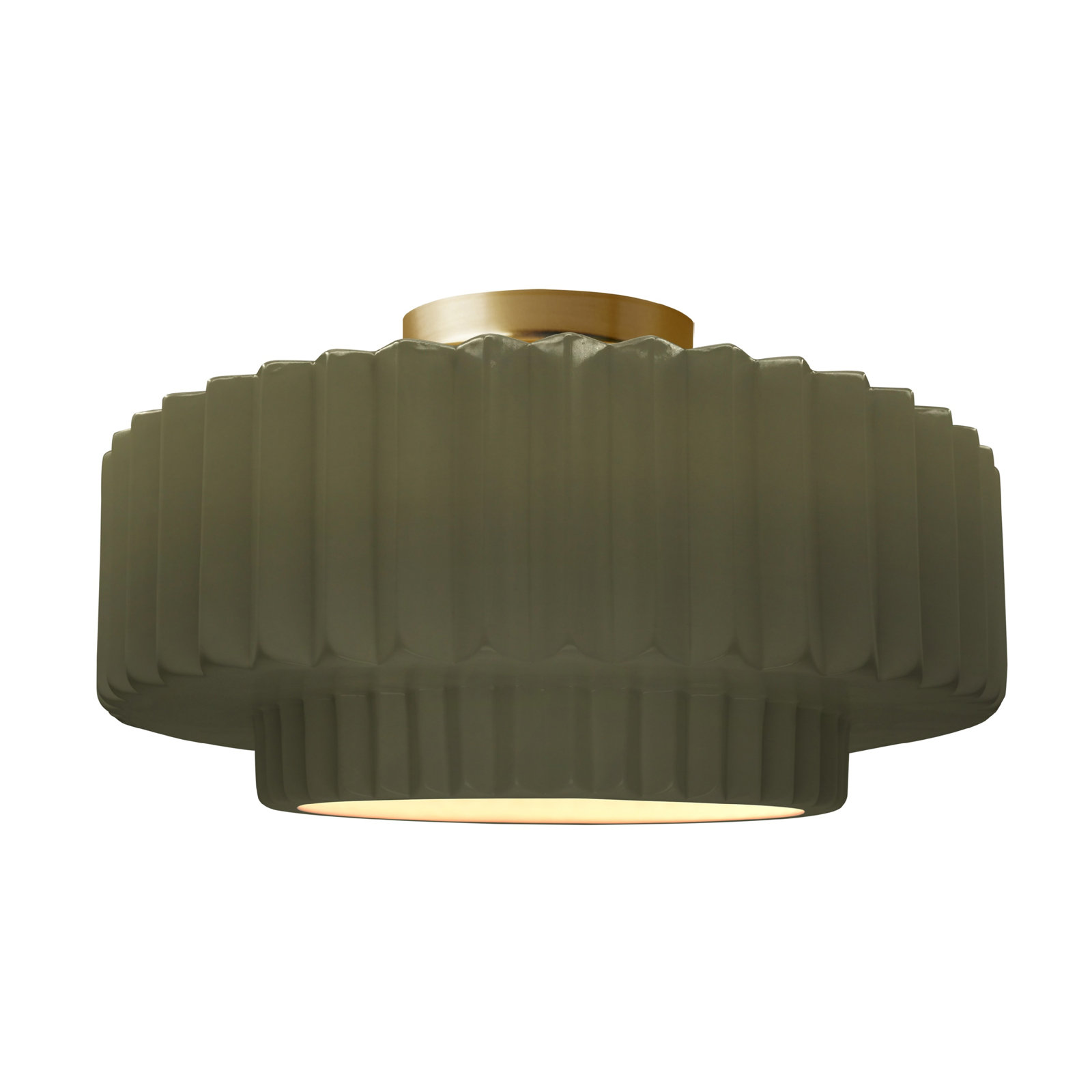 Single Light Ceramic LED Semi Flush Mount, 8" H x 16.5" W x 16.5" D, Matte Green, Brushed Brass