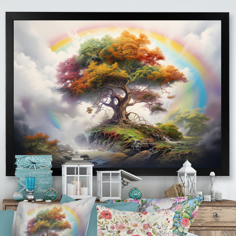 Mythique arbre majestueux avec arc-en-ciel sur toile, H 30 po x l 40 po x P 1,5 po, Cadre simple noir