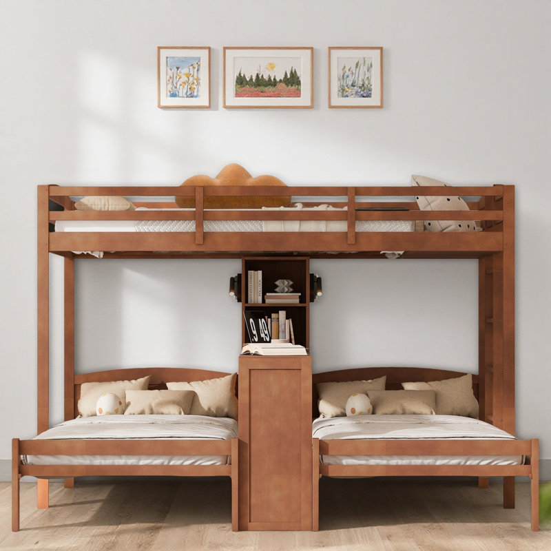 Lit superposé 3 lits en 1 avec bureau intégré, tablettes de rangement et lampe de lecture, Naturel