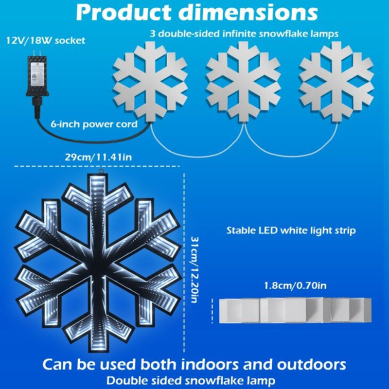 Ensemble de 3 flocons de neige Infinity Light Chirstmas / chaîne de décoration de saison hivernale avec 3 flocons de neige à DEL, lumière blanche fixe, décoration intérieure de Noël ou de fenêtre à brancher