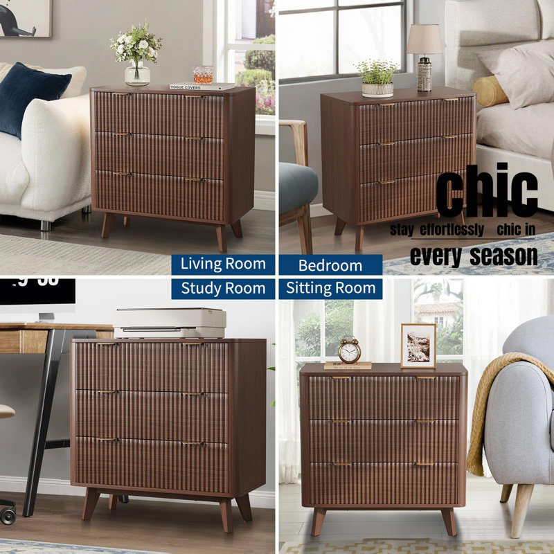32" Modern Fluted Nightstand Bedside Table with 3 Drawer, Curved Profile End Table for Bedroom, Living Room, Brown