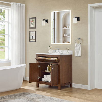 Meuble-lavabo simple 30 po Pendry en noyer foncé, comptoir en marbre de culture blanc, lavabo carré encastrable (3 trous), garniture or brossé