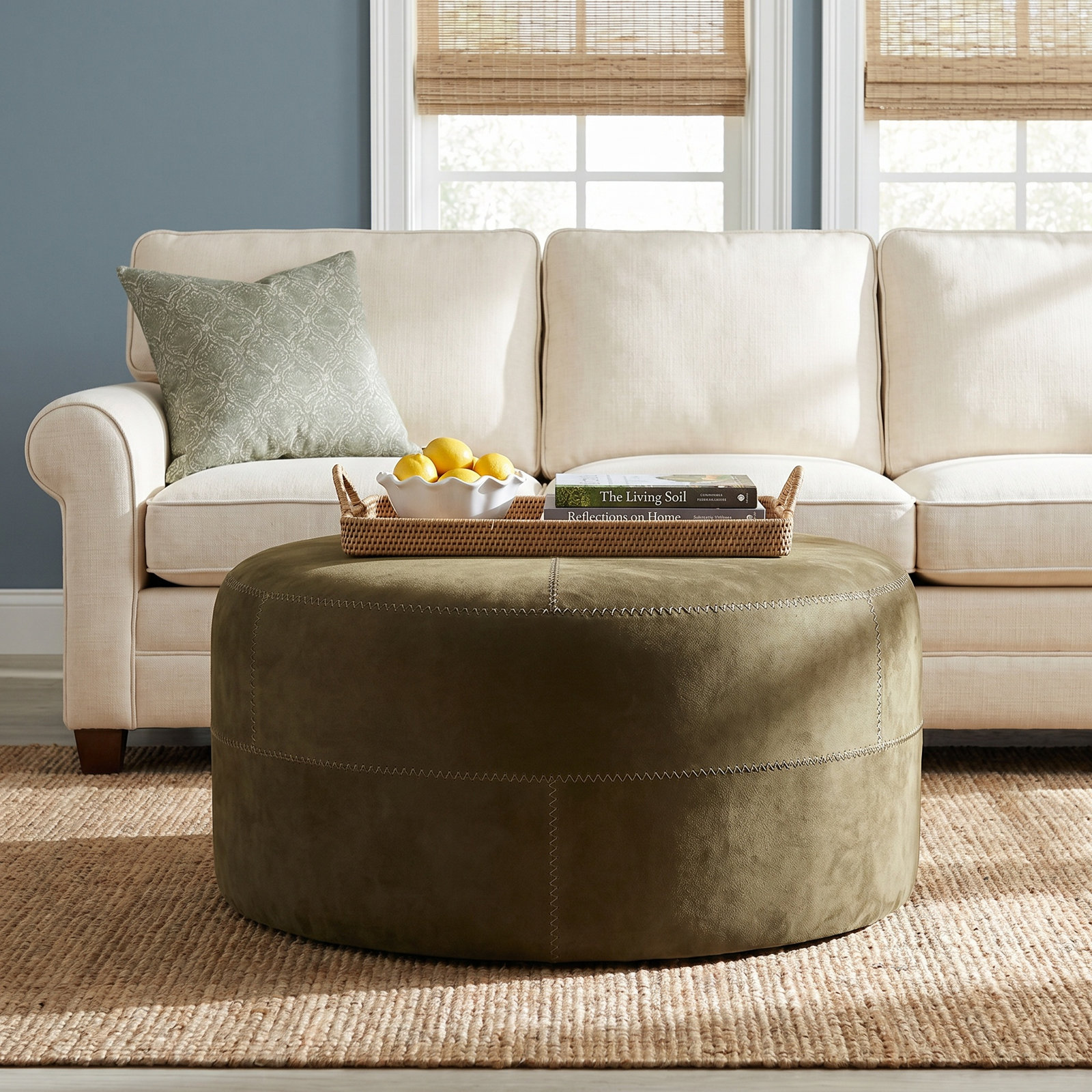Camino Upholstered Ottoman, Nubuck Olive