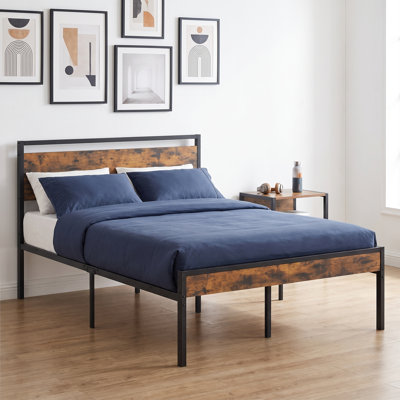 Full Black Metal Platform Bed Frame with Solid Wood Headboard and Footboard, Underbed Storage
