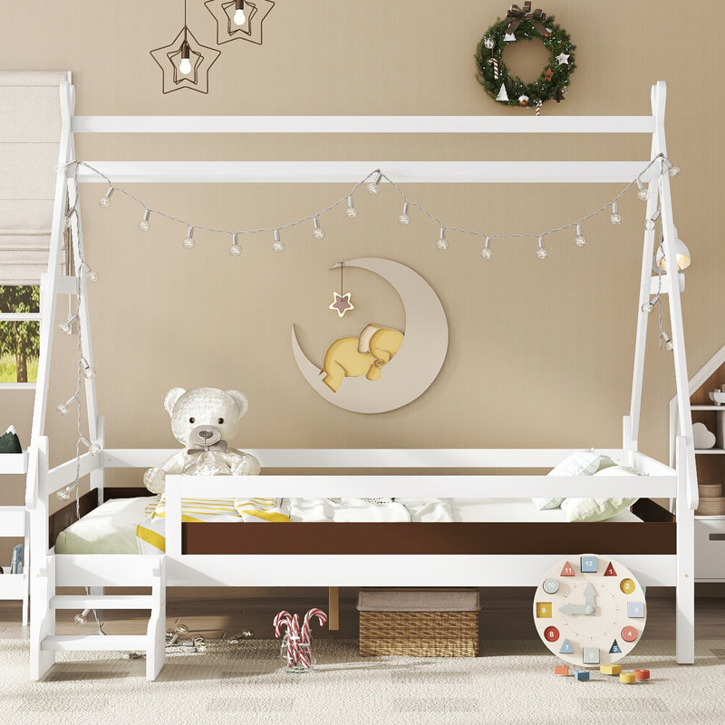 Lit plateforme double avec escalier, structure de lit simple en bois massif, profil bas et design amusant enfantin, blanc