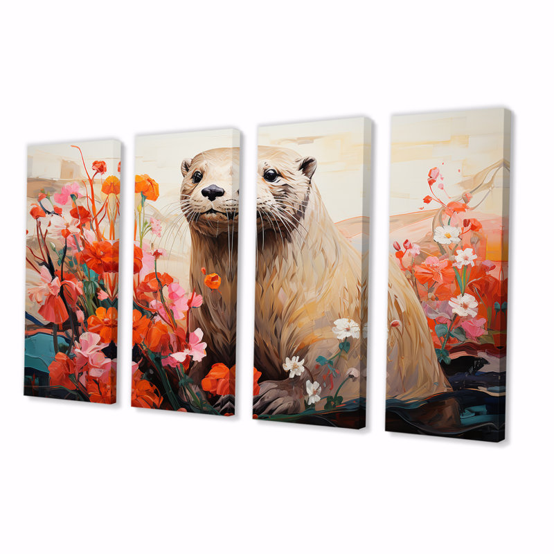 Art mural 4 pièces Playful Otter In Floral Blooms II - Loutre, H 32 po x l 64 po