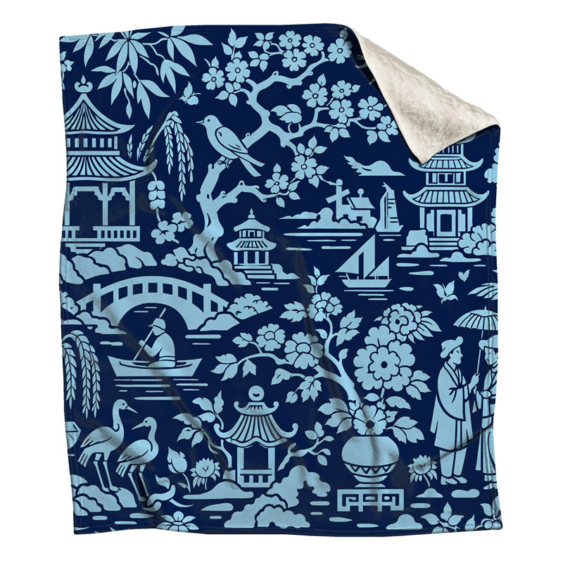 Couvertures bleues à motif de paysage asiatique, 60in W x 80in H