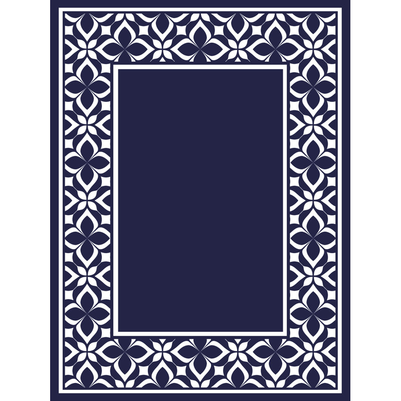 Tapis d'extérieur marocain à bordure florale bleue, Rectangle 9 pi x 12 pi