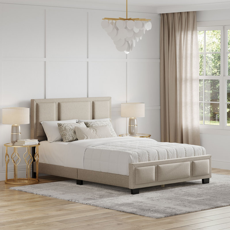 Triiptych Linen Upholstered Platform Bed Frame, Adjustable Height Headboard, No box Spring Required, Queen, Off White